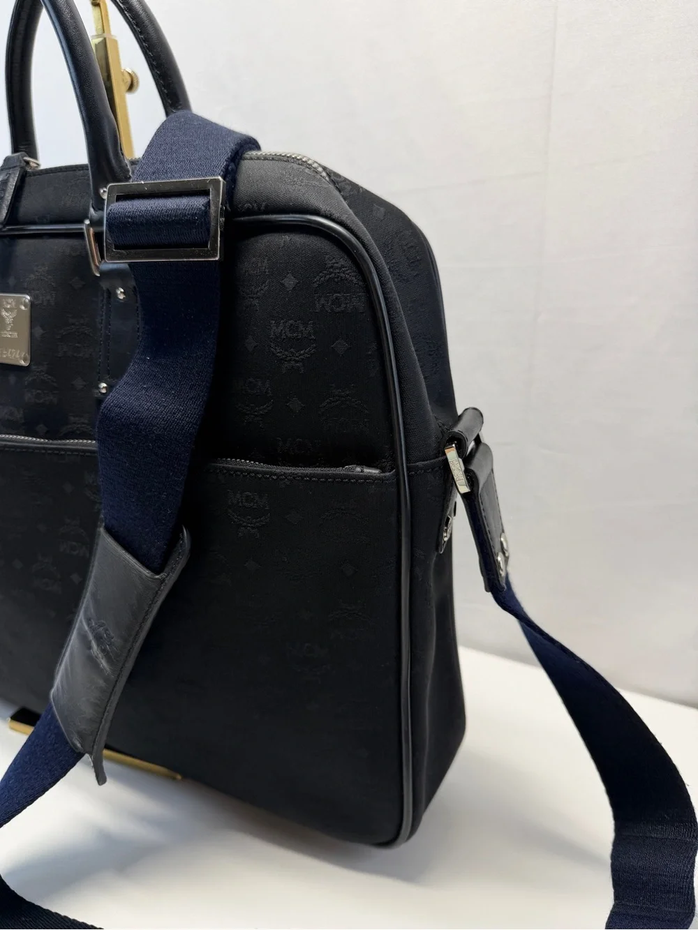 MCM Black Leather Briefcase with Navy Strap